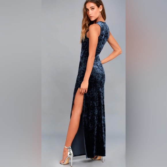 Lulus Dresses & Skirts - NWOT Lulus Elegant Blue Grey Crushed Velvet long Slit Evening Gown in Size M